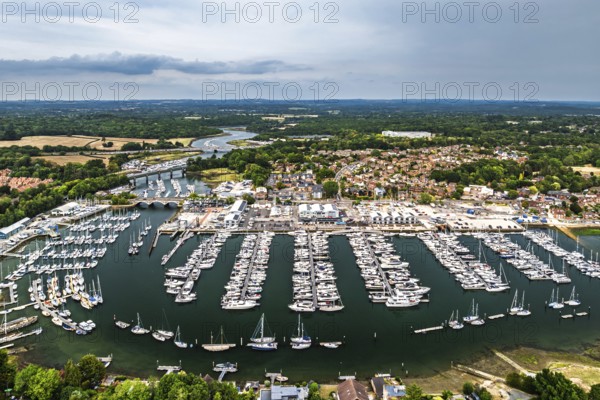 River Hamble and Swanwick Marina from drone, Swanwick, Southampton, Hampshire, England, United Kingdom