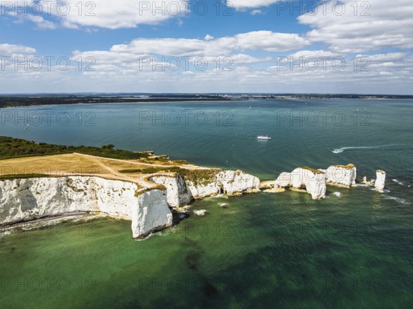 White Cliffs of Old Harry Rocks Jurassic Coast from a drone, Handfast Point, Dorset Coast, Poole, Dorset, England, United Kingdom
