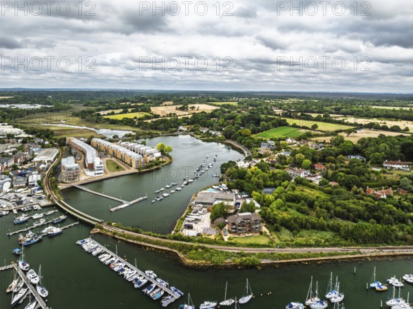 Lymington River and marina from drone, Lymington, New Forest, Hampshire, England, United Kingdom