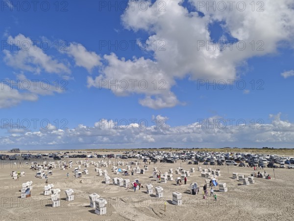 North Sea beach, car park, blue sky, white clouds, summer, sun, sand, beach chairs, on the edge of the UNESCO World Heritage Site, Ording, Sankt Peter-Ording, Schleswig-Holstein, Germany