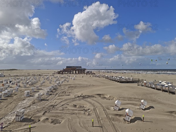 North Sea beach with sand drifts, car park, blue sky, white clouds, summer, sun, beach chairs, on the edge of the UNESCO World Heritage Site, Ording, Sankt Peter-Ording, Schleswig-Holstein, Germany
