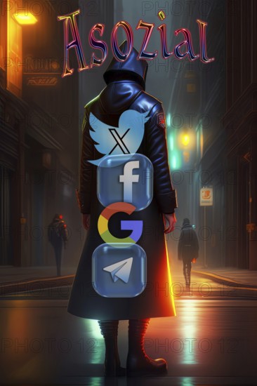 Symbolic image, masked figure in dark street, TwitterX, Facebook, Google, Telegram as (a) social media, mobile phone, smartphone, socialmedia, Elon Musk, Mark Zuckerberg, Donald Trump, extreme freedom of expression, denial of facts, Industry 4.0, data traffic, @ sign. Mail traffic, AI, ChatGBT, AI, OpenAI, chatbot, artificial intelligence, artificial intelligence, IT system, computer science, AI learning, IT technology, computer system, software, Apple, Microsoft, creativity, questionable security, AI research, voice robots, algorithm