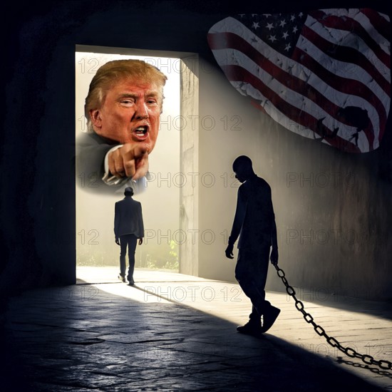 Symbolic image, human rights, expulsions, deportations, US democracy in danger, EU and Germany under political pressure, industry, Donald Trump, tariff threats, Elon Musk, Mark Zuckerberg, social networks, fake news, rights broken, hate, hate speech, DSG Digital Services Act, re-election, USA, politics, announcements, vendetta, wanted dictator, Republicans, US electoral system, global danger, lies, 2nd term, global burden, Ukrainian war, storming White House