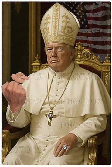 Symbolic image, Pope Donald, the world pays homage, finger pointing, signet ring with Bitcoin, Donald Trump sees himself as a majesty above the law, US democracy in danger, political blackmail, EU and Germany under political pressure, industry, tariff threats, Elon Musk, Mark Zuckerberg, social networks, fake news, rights broken, hate, agitation, DSG Digital Services Act, re-election, USA, politics, announcements, vendetta, wanted dictator, Republicans, US electoral system, global danger, lies, 2nd term, global strain, Ukrainian war, storm White House, Trump's election. term, global burden, Ukrainian war, White House storm