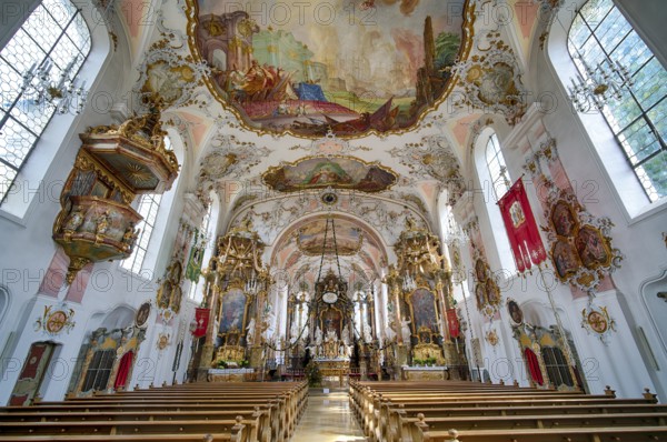 Interior, choir, main altar, pulpit, Catholic parish church of St Ulrich, Rococo, Seeg, Ostallgäu, Allgäu, Swabia, Bavaria, Germany