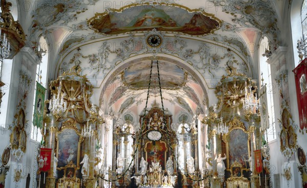 Interior view, choir, main altar, Catholic parish church of St Ulrich, Rococo, Seeg, Ostallgäu, Allgäu, Swabia, Bavaria, Germany