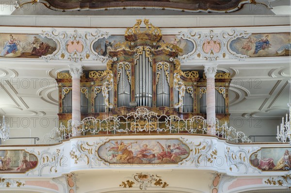 Interior photo, organ, organ loft, Catholic parish church of St Ulrich, Rococo, Seeg, Ostallgäu, Allgäu, Swabia, Bavaria, Germany