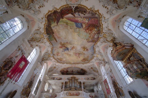 Interior, ceiling, ceiling fresco, main fresco by Enderle with the Trinity scene, naval battle of Lepanto, organ, Catholic parish church of St. Ulrich, Rococo, Seeg, Ostallgäu, Allgäu, Swabia, Bavaria, Germany
