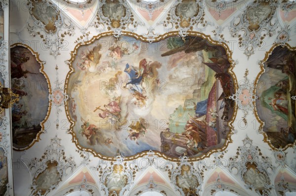 Interior, ceiling, ceiling fresco, main fresco by Enderle with the Trinity scene, naval battle of Lepanto, Catholic parish church of St Ulrich, Rococo, Seeg, Ostallgäu, Allgäu, Swabia, Bavaria, Germany
