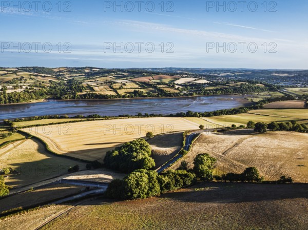 Farms and Fields over River Teign and Teignmouth Road from drone, Newton Abbot, Devon, England, United Kingdom