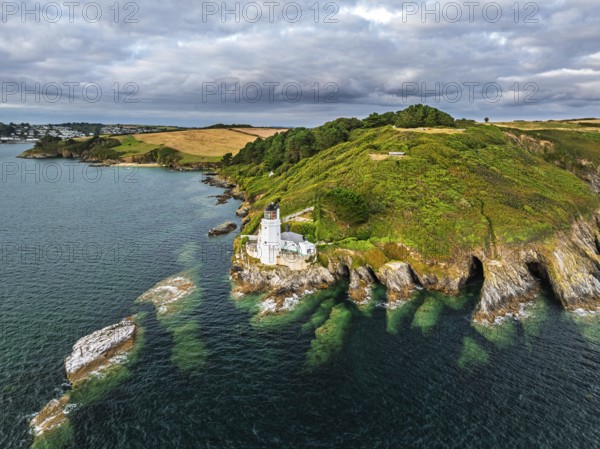 St Anthony Lighthouse from drone, Roseland peninsula, Head circular walk, Cornwall, UK