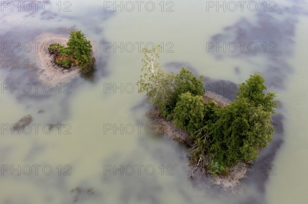 Aerial view, islands in the Drau, river, Carinthia, Austria