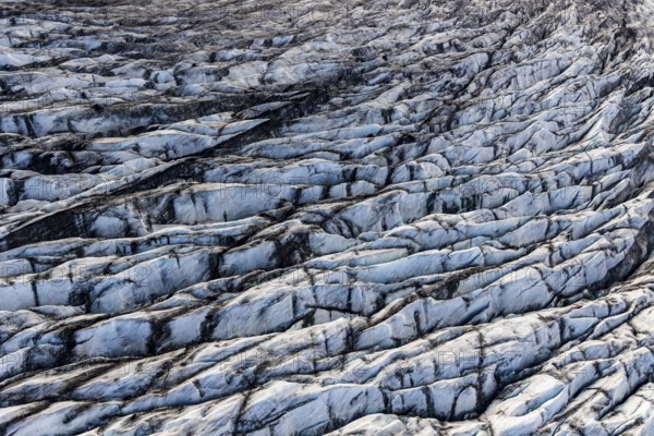 Glacier, crevasses, ice, aerial view, black ice, climate change, summer, Skeidararjökull, Skaftafell, Vatnajökull National Park, Iceland