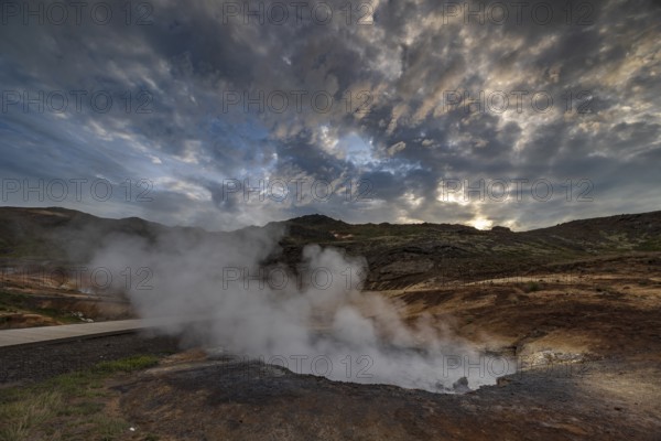 Hot springs, geothermal field, cloudy, evening mood, backlight, summer, Krysuvik, Reykjanes Peninsula, Iceland