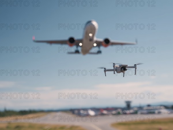 Ein Quadrocopter, Drohne, droht mit einem startenden Verkehrsflugzeug zu kollidieren, während ein Fernpilot das Fluggerät illegal über einer Startbahn eines Flughafens bewegt. Symbolbild für illegaler Drohnenbetrieb in der Flugverbotszone, Missachtung von Flugverbotszonen Kontrollierter Luftraum, Flugverbot, Betriebsverbot, gefährlicher Eingriff in den Luftverkehr, Flugverkehr, Luftfahrtrecht, AI generiert, AI generated