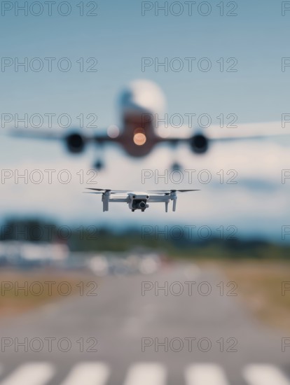 Ein Quadrocopter, Drohne, droht mit einem startenden Verkehrsflugzeug zu kollidieren, während ein Fernpilot das Fluggerät illegal über einer Startbahn eines Flughafens bewegt. Symbolbild für illegaler Drohnenbetrieb in der Flugverbotszone, Missachtung von Flugverbotszonen Kontrollierter Luftraum, Flugverbot, Betriebsverbot, gefährlicher Eingriff in den Luftverkehr, Flugverkehr, Luftfahrtrecht, AI generiert, AI generated