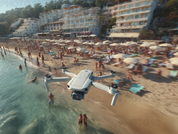 Ein Fernpilot steuert sein Quadrocopter, Drohne über einen dicht besetzten Badestrand, um illegale Videoaufnahmen oder Fotos zu erstellen, Symbolbild für unbefugtes Fotografieren von Personen, innerhalb eines geschützten, abgeschirmten Bereiches, Verletzung der Privatsphäre, Persönlichkeitsrechte, Missachtung von Flugverbotszonen, Flugverbot über Menschenmengen, Versammlungen, Datenschutz, AI generated