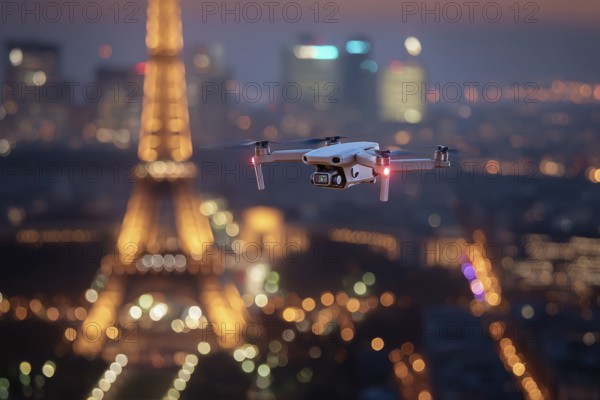 Ein Fernpilot steuert sein Quadrocopter, Drohne illegal über dichtbesiedeltes Stadtgebiet an einem touristischem Hotspot mit vielen Menschen, Symbolbild für illegaler Drohnenbetrieb über Menschenmengen, kritische Infrastruktur, Flugverbot, Betriebsverbot, Persönlichkeitsrechte, Eigentumsrechte, Urheberrechte, AI generiert, AI generated