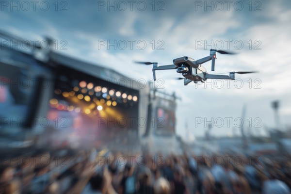 Ein Fernpilot steuert sein Quadrocopter, Drohne illegal über ein Open-Air Musik Konzert mit vielen Menschen, Symbolbild für illegaler Drohnenbetrieb über Menschenmengen, Missachtung von Flugverbotszonen, kritische Infrastruktur, Flugverbot, Betriebsverbot, Persönlichkeitsrechte, Eigentumsrechte, Urheberrechte, AI generiert, AI generated