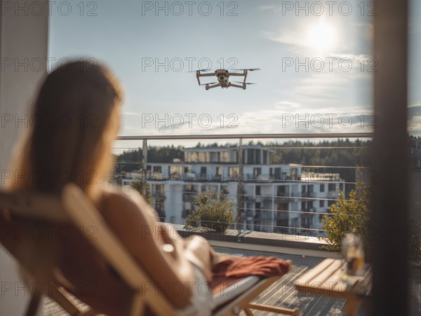 Ein Fernpilot steuert sein Quadrocopter, Drohne in einem dicht besiedeltem Wohngebiet und nähert sich sehr nahe an eine Person auf einer Terrasse um illegale Videoaufnahmen oder Fotos zu erstellen, Symbolbild für unbefugtes Fotografieren von Personen, innerhalb eines geschützten Bereiches, Verletzung der Privatsphäre, Persönlichkeitsrechte, Missachtung von Flugverbotszonen, Datenschutz, AI generiert, AI generated