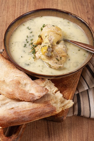 Chikhirtma chicken soup, Georgian dish, with lavash, top view, no people