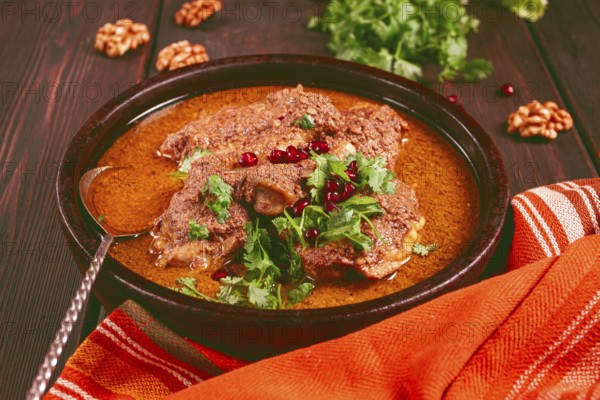 Fesenjan, an Iranian dish, stewed chicken, in walnut-pomegranate sauce, in an earthen pan, homemade, no people