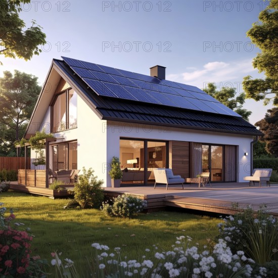 Residential house with solar panels on the roof, beautiful sunrise, AI generated