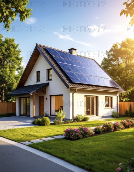 Residential house with solar panels on the roof, beautiful sunrise, AI generated