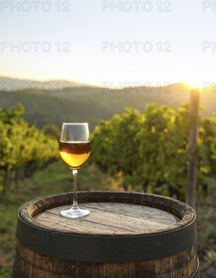 Glass of 10-year-old tawny wine placed on a barrel in a vineyard restaurant, AI generated