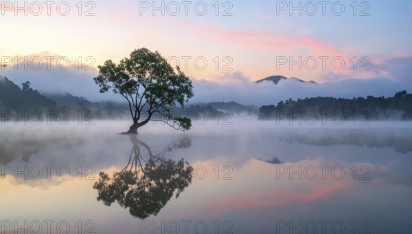 Lone single tree reflected in the still waters of a foggy lake at sunrise, AI generated