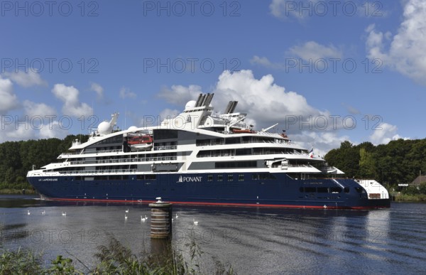 Luxury cruise ship LE LAPEROUSE sails through the Kiel Canal, Kiel Canal, Kiel Canal, Schleswig-Holstein, Germany