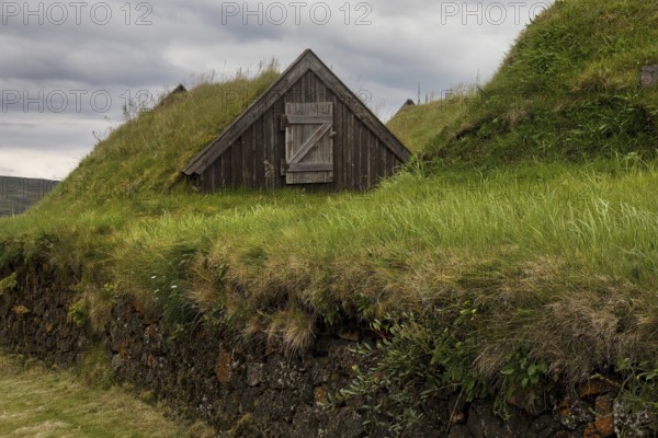 Grass sod house settlement Grenjadarstadur with church, Thingeyjarsveit municipality, North Iceland, Iceland