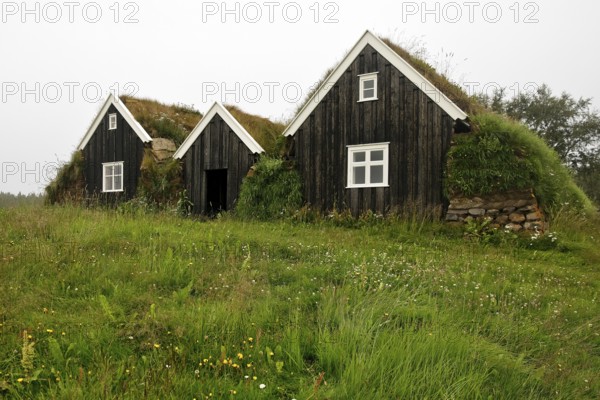 Nyibær, a medium-sized farmhouse with a sod roof, now a museum, Holar, Iceland