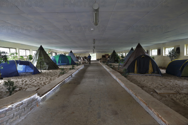 Indoor campsite in a former cattle shed at Fleether Mühle, Müritz National Park, Mecklenburg-Vorpommern, Germany