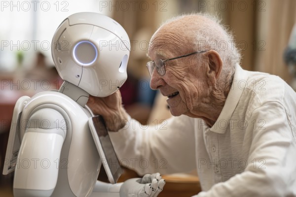 An elderly man in a nursing home smiles and communicates with a humanoid robot, carer robot, symbol of loneliness, social isolation in old age, AI generated, AI generated