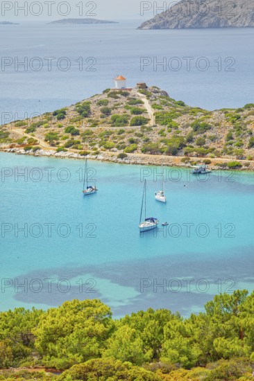 Panormitis bay, high angle view, Panormitis, Symi Island, Dodecanese Islands, Greece