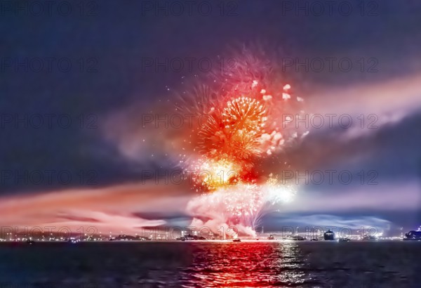 Lake Night Festival Constance. Water fireworks over the German shore and the neighbouring Swiss town of Kreuzlingen. View of the fireworks from Lake Constance. Constance, Baden-Württemberg, Germany