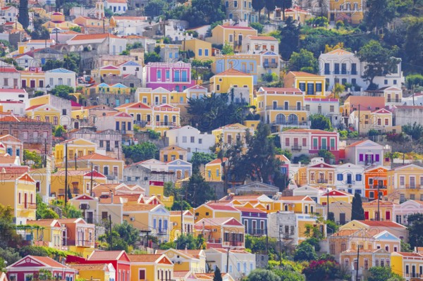Colourful houses, Chorio, Symi Island, Dodecanese Islands, Greece
