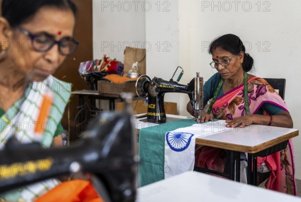 Employees of the Assam Khadi and Village Industries Board stitching in a manufacturing unit of Indian National Flags, ahead of 79th Independence Day, in Guwahati, India on 11 August 2025