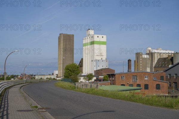 Grain silos, warehouses, land trade, outer harbour, Husum, North Frisia, North Sea, Schleswig-Holstein, Germany