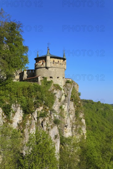 Augustenturm, cannon tower, Lichtenstein Castle, fairytale castle of Württemberg, romantic fairytale castle on the eaves of the Swabian Alb, historicism, architecture, new building 1840-1842, according to plans by architect Carl Alexander Heideloff, 19th century, rock, Honau, municipality of Lichtenstein, Baden-Württemberg, Germany