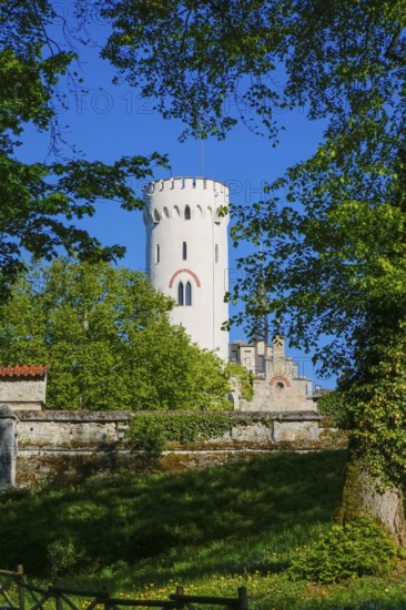 Lichtenstein Castle, fairytale castle of Württemberg, romantic fairytale castle on the eaves of the Swabian Alb, historicism, architecture, new building 1840-1842, according to plans by architect Carl Alexander Heideloff, 19th century, Honau, municipality of Lichtenstein, Baden-Württemberg, Germany