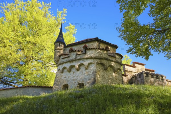Lichtenstein Castle, fairytale castle of Württemberg, romantic fairytale castle on the eaves of the Swabian Alb, historicism, architecture, new building 1840-1842, according to plans by the architect Carl Alexander Heideloff, 19th century, exterior of the Marienkapelle, Honau, municipality of Lichtenstein, Baden-Württemberg, Germany