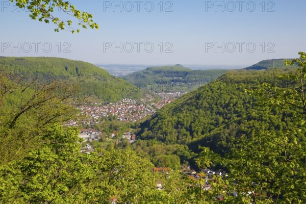 View from Lichtenstein Castle, view of the Echatztal valley, Honau, Unterhausen at the back, mountains, eaves of the Swabian Alb, Honau, municipality of Lichtenstein, Baden-Württemberg, Germany