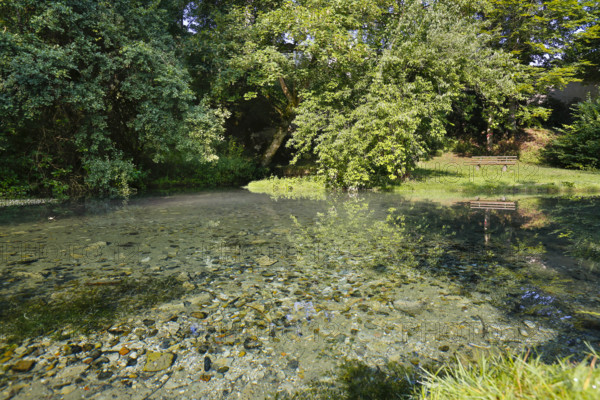 Lauter spring, Große Lauter, karst spring, body of water, park, idyll, meadow, lawn, trees, Offenhausen, municipality of Gomadingen, Swabian Alb, Baden-Württemberg, Germany