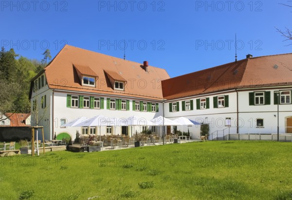 Gestütsgasthof near the stud farm and the Lauterquelle, terrace, sunshades, catering, restaurant, building, green shutters, Offenhausen, municipality of Gomadingen, Swabian Alb, Baden-Württemberg, Germany