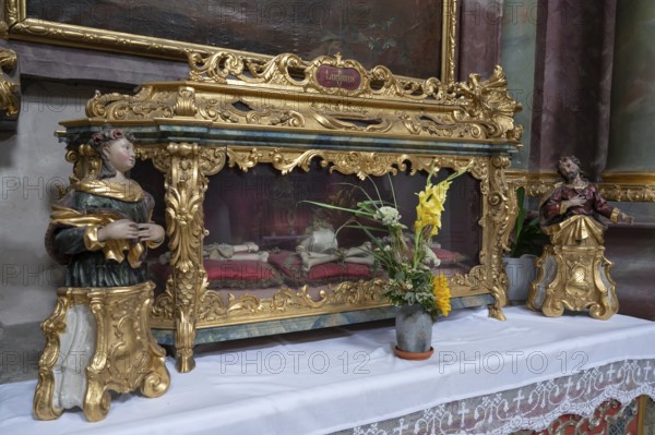 Reliquary sarcophagus of St Lucianus, catacomb saint, Abbey Church of the Assumption of the Virgin Mary, Rohr, Lower Bavaria, Germany