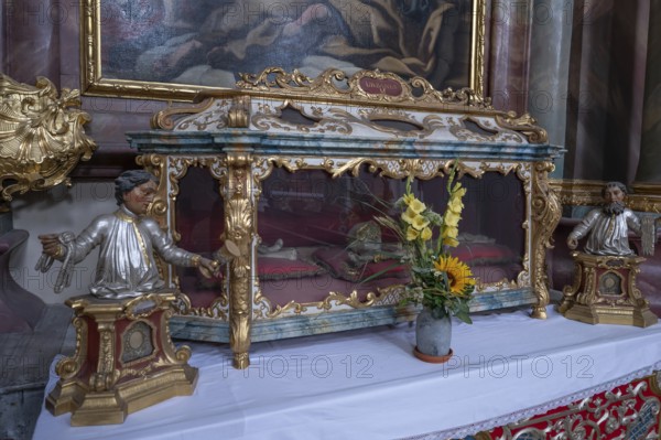 Reliquary sarcophagus of St Urbanus, catacomb shrine, Abbey Church of the Assumption of the Virgin Mary, Rohr, Lower Bavaria, Germany