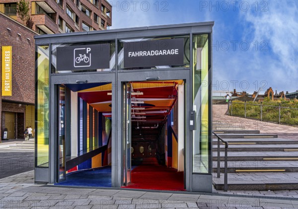 Westfield, access to the bicycle car park and the architecture at the new Hamburg shopping centre, Überseeplatz, Hamburg, Germany