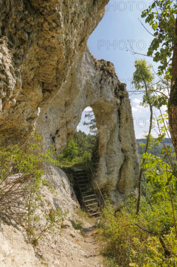 Teufelstorffelsen, Jura rock, gate-like breakthrough, stairs, natural monument between Gammertingen and Hettingen, Zollernalbkreis, Swabian Alb, Baden-Württemberg, Germany